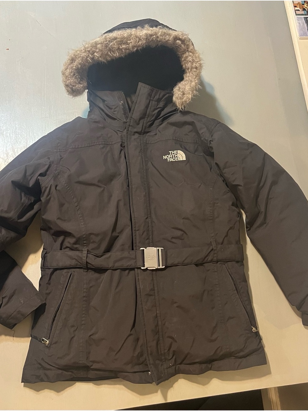 The North Face HyVent 550 Down Parka Belted Faux Fur Hood Jacket Black Girls XL